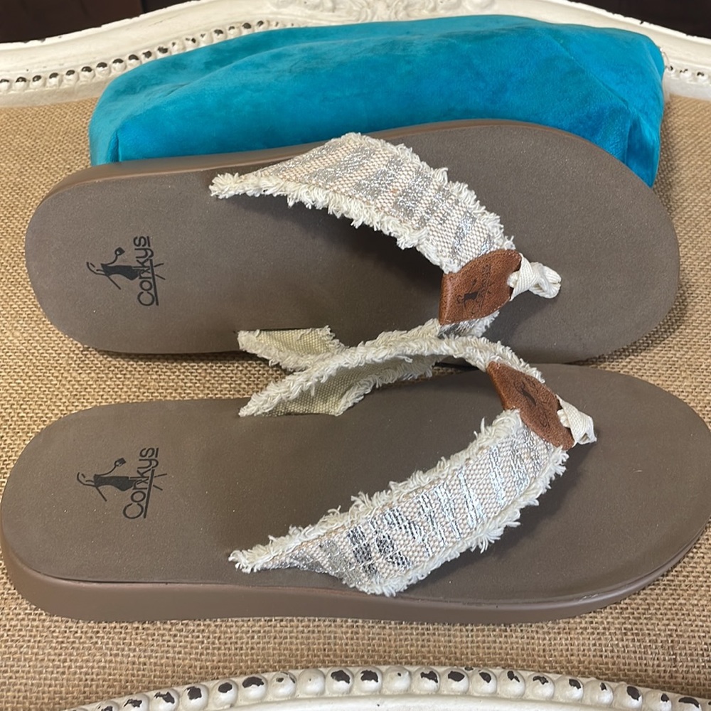 🎉❤️NEW SALE!! Corkys Silver Zebra Fringe Sandals Flip Flops - Picture 3 of 6